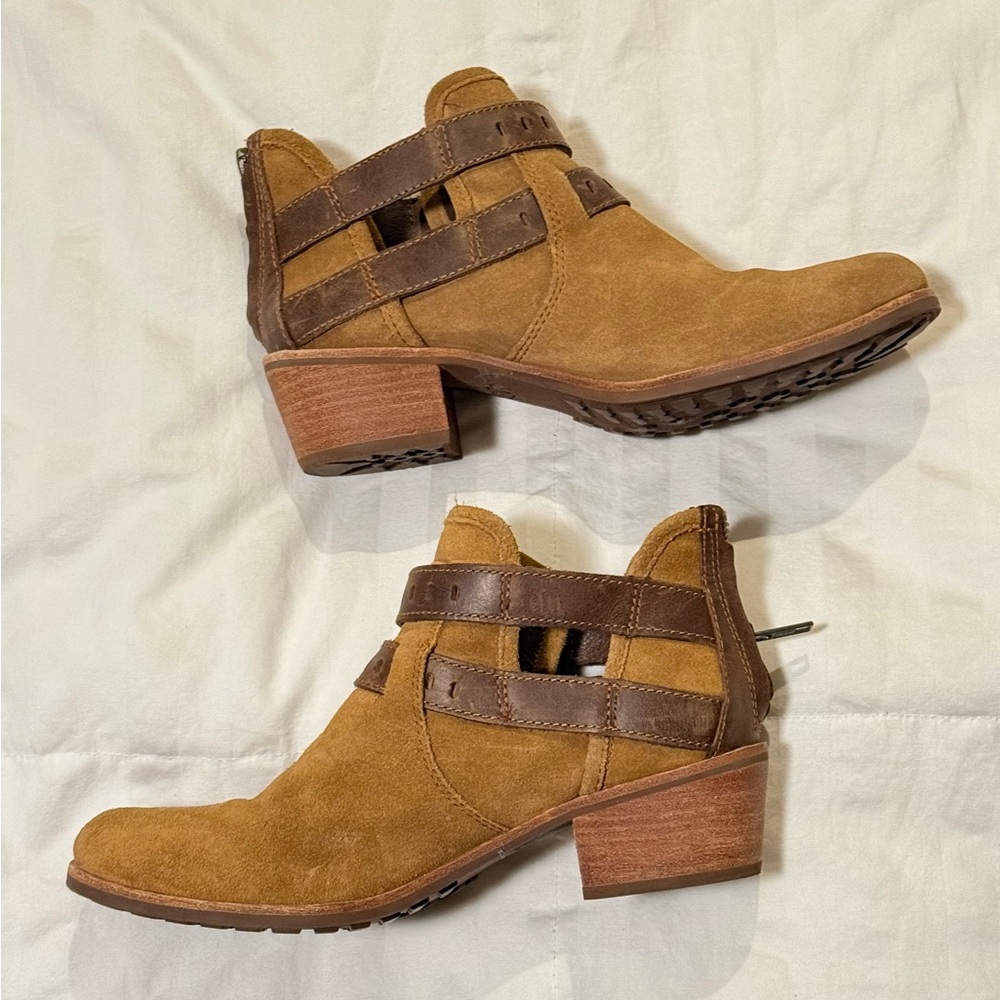 UGG Women’s Tan Suede Booties with Dark Brown Accents, rear zip, 2” heel